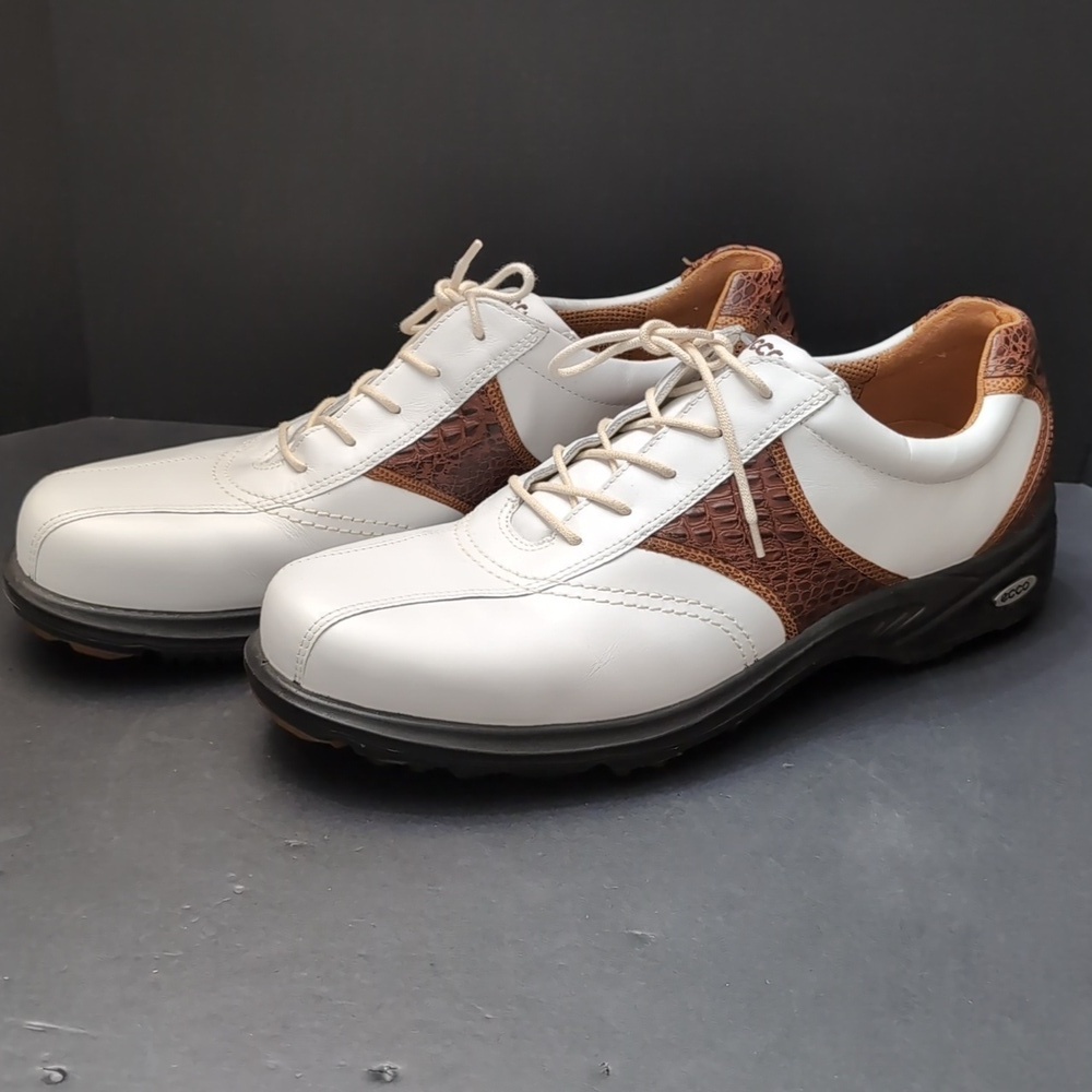 Ecco Flexor Men's White/Brown Croc Leather Golf Shoes,Size 46